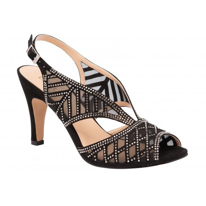 Black & Diamante Natalia Peep-Toe Sandals | Lotus 1 Black & Diamante Natalia Peep-Toe Sandals | Lotus