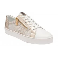 White Leather & Gold Croc-Print Sky Casual Trainers | Stressless By Lotus